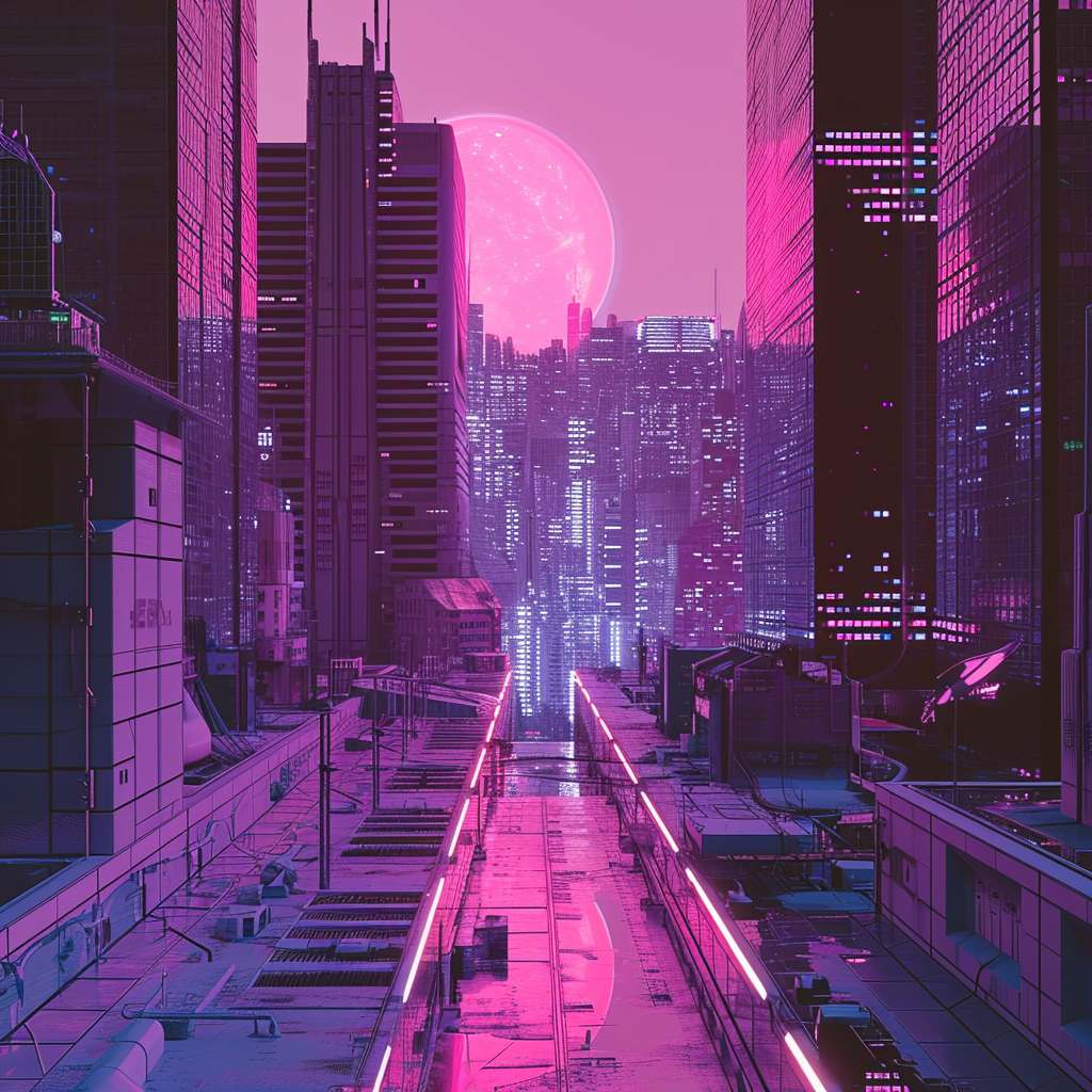 Cyberpunk cityscape with vaporwave colors