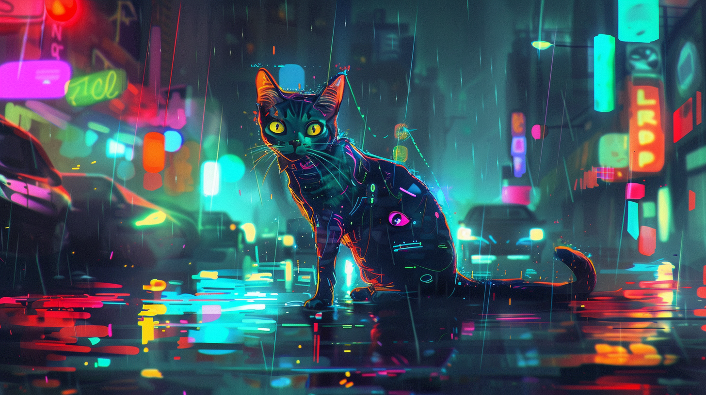 Cyberpunk cozy rain neon cat