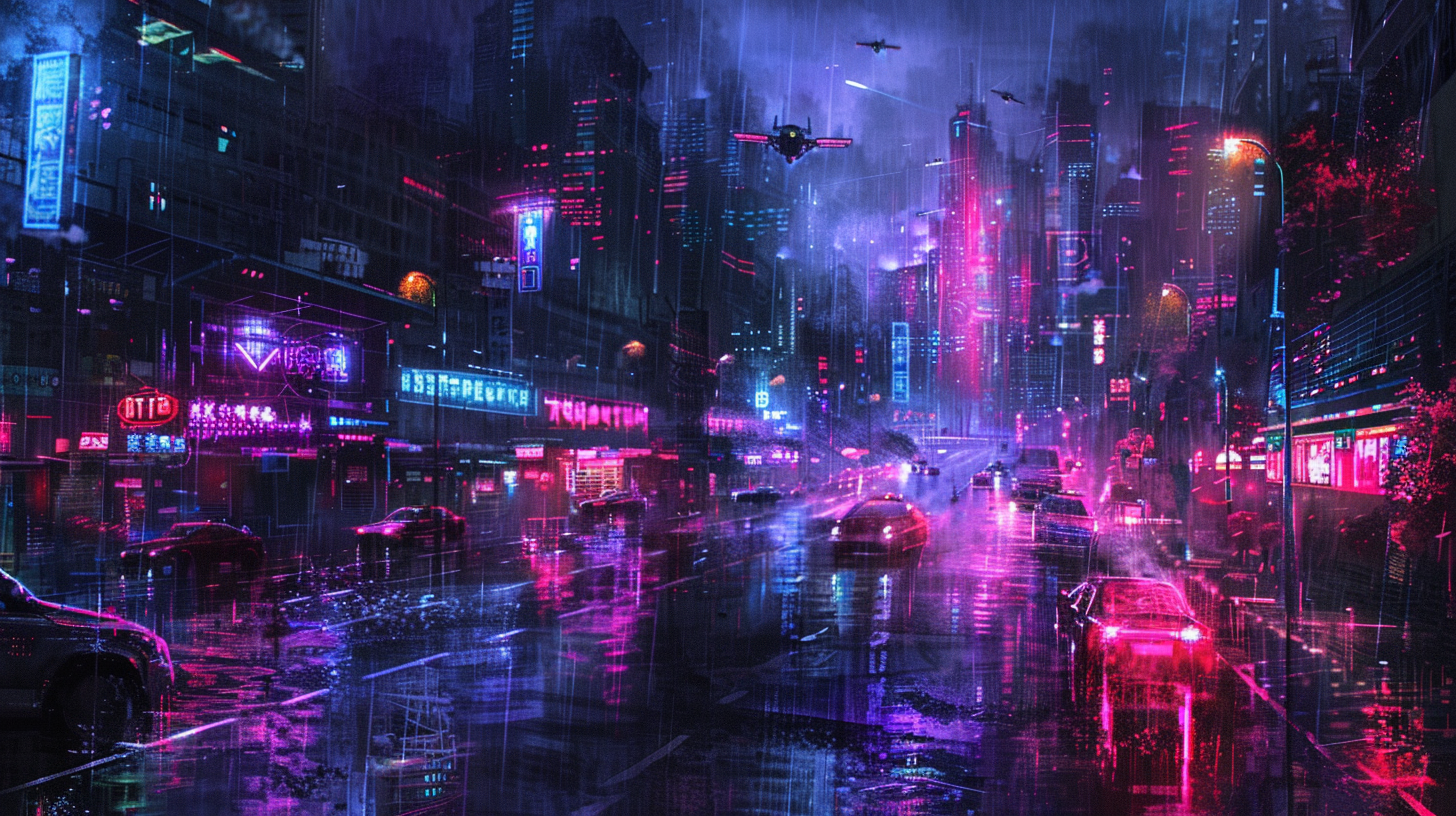 Cyberpunk cozy rain neon lights