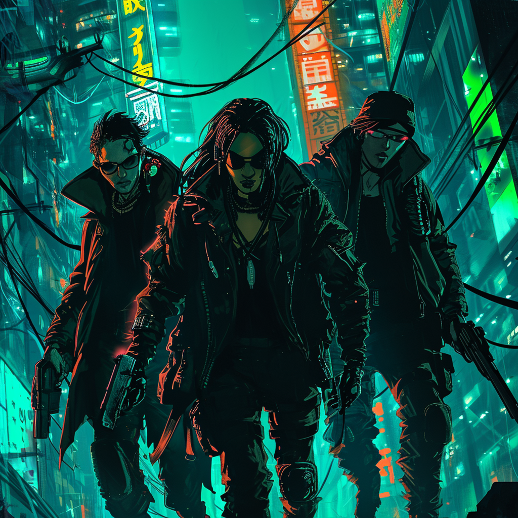 Cyberpunk crew in manga style emerging from shadows