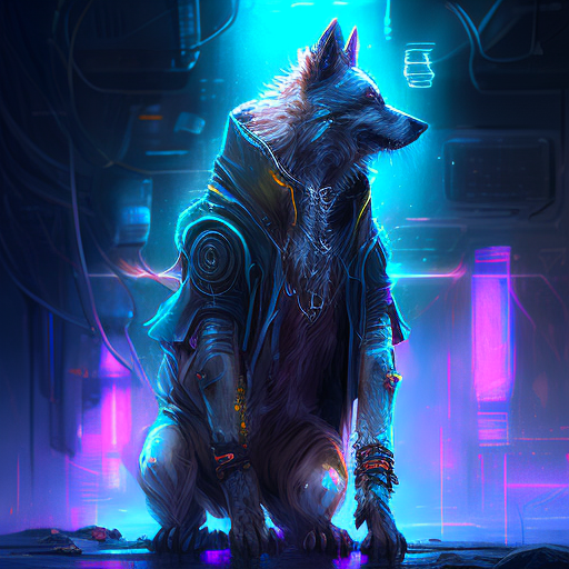 Cyberpunk dog reflecting on life