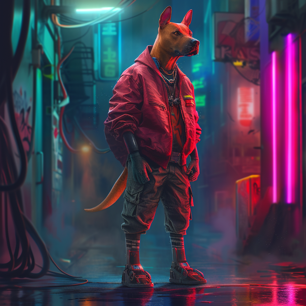 Cyberpunk dog reflecting on mysteries of life