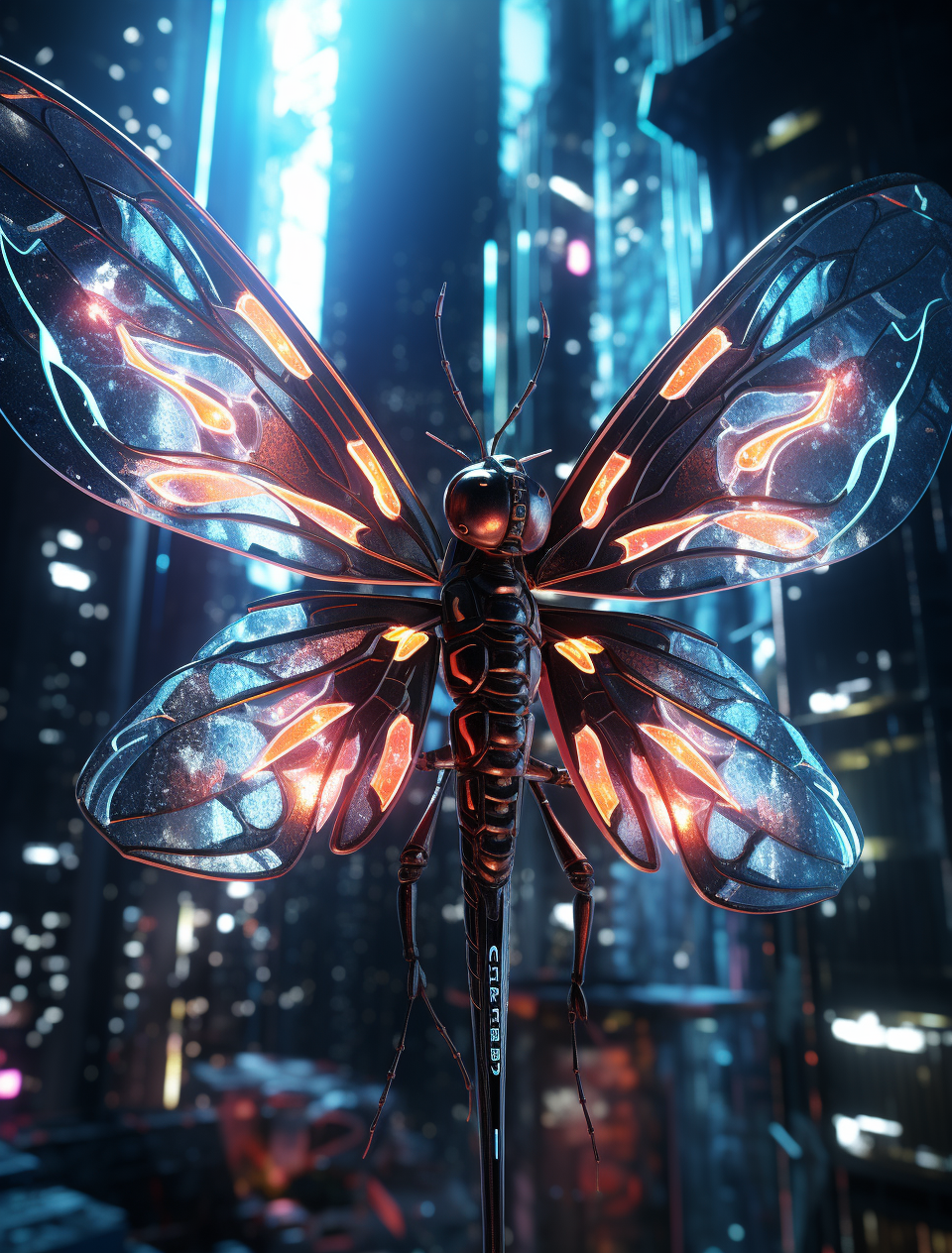 Futuristic dragon flying through cyberpunk city