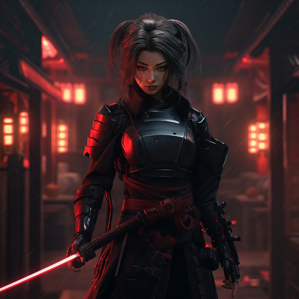 Cyberpunk Female Dark Samurai Red Lightsaber