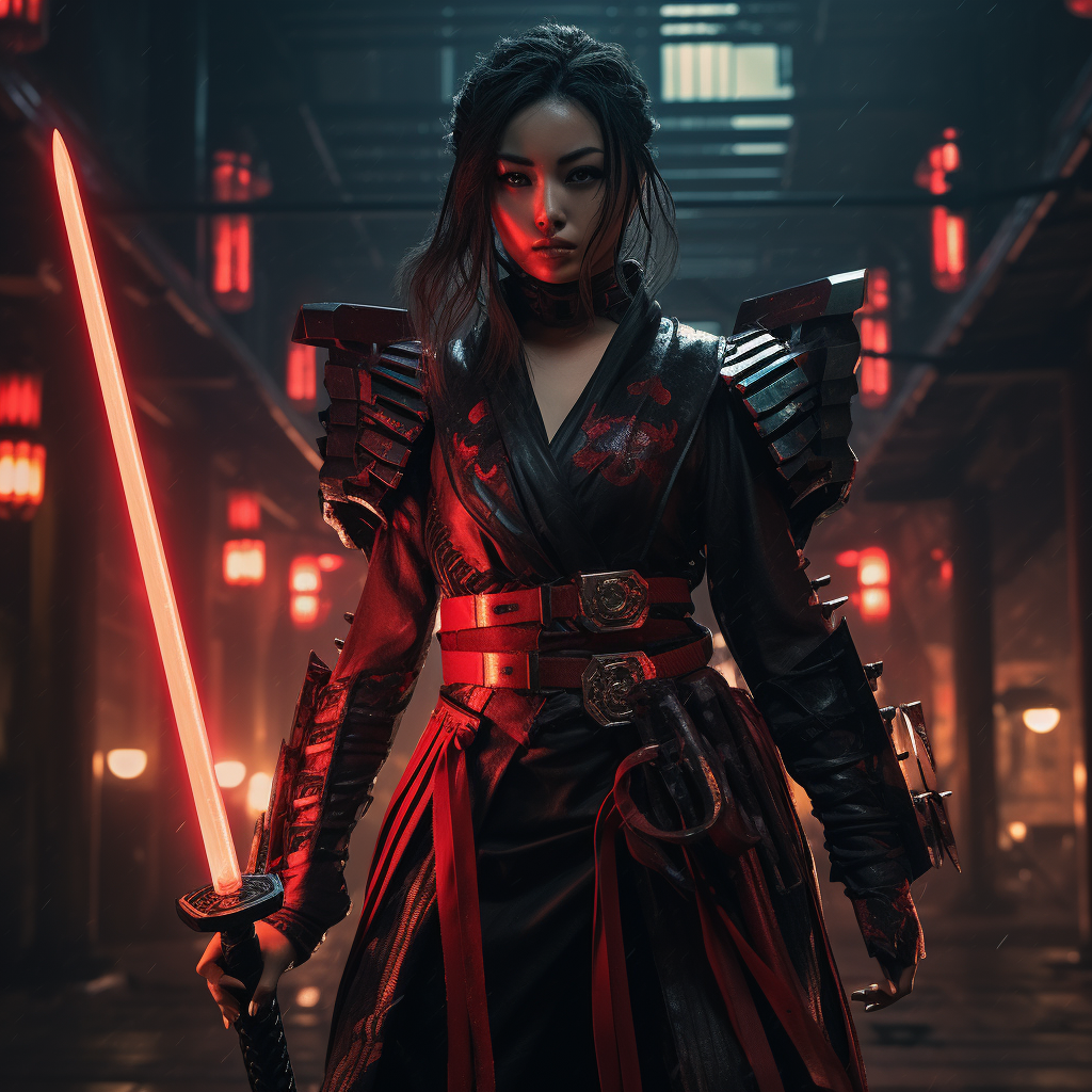 Cyberpunk Female Japanese Dark Samurai with Red Lightsaber