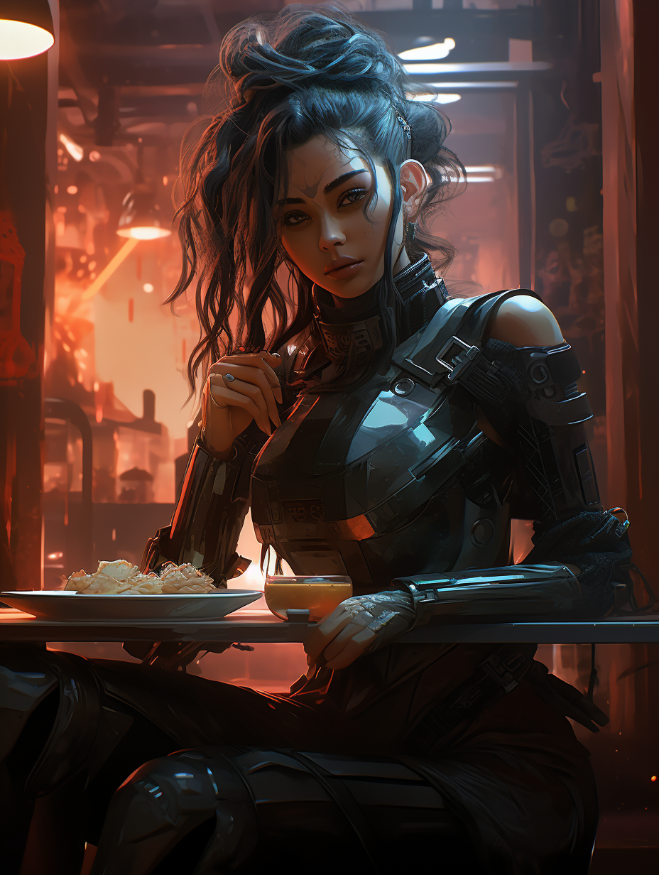 Female enjoying Cyberpunk Noodle Soup