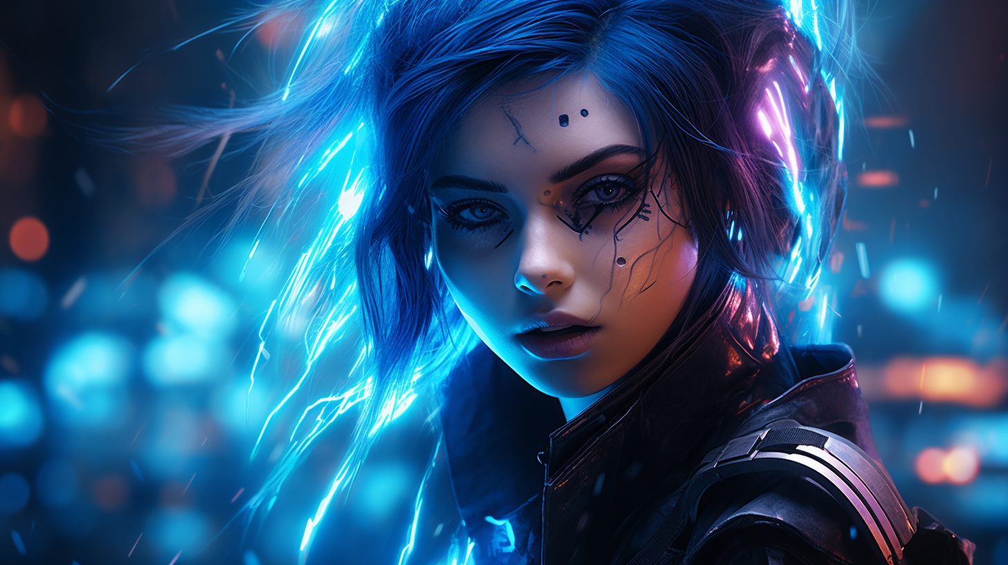 Cyberpunk Female Warrior with Blue Hair