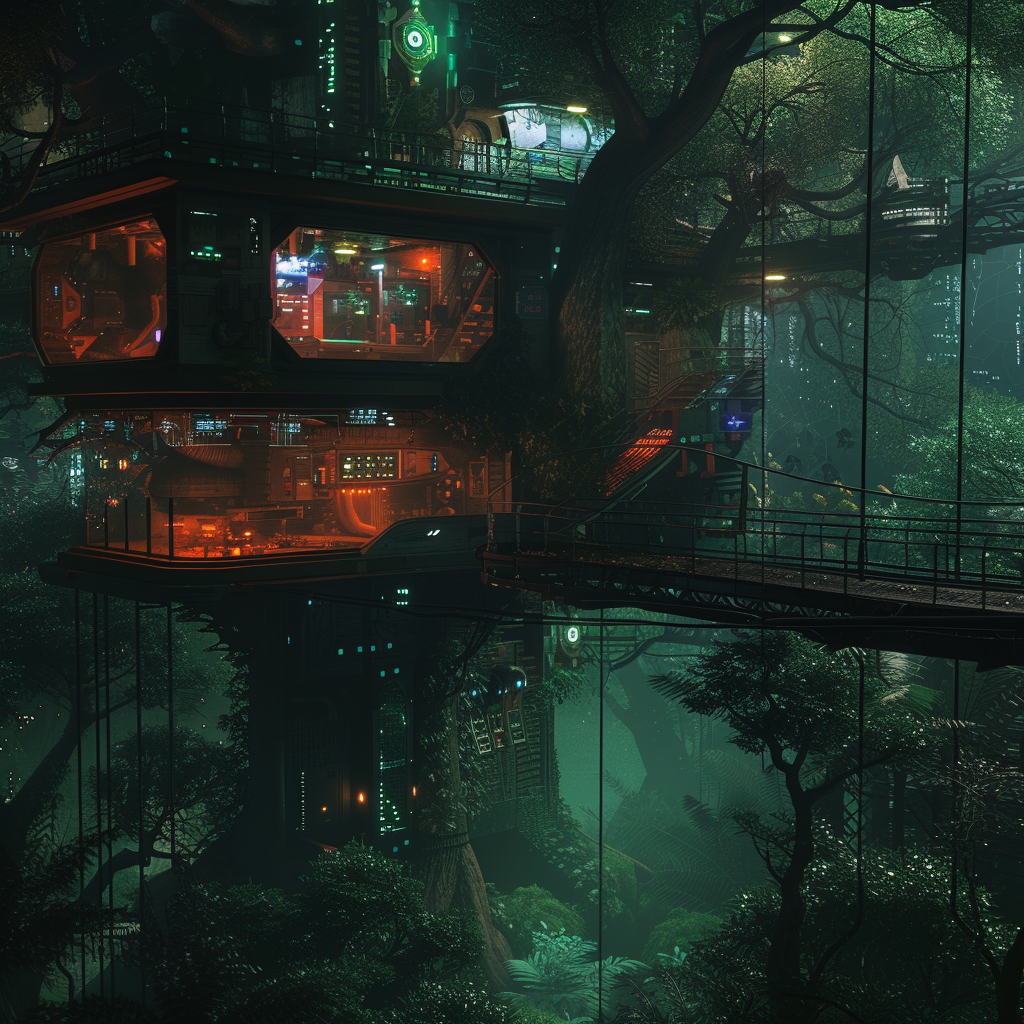 Cyberpunk Futuristic Anime Forest Night Treehouse