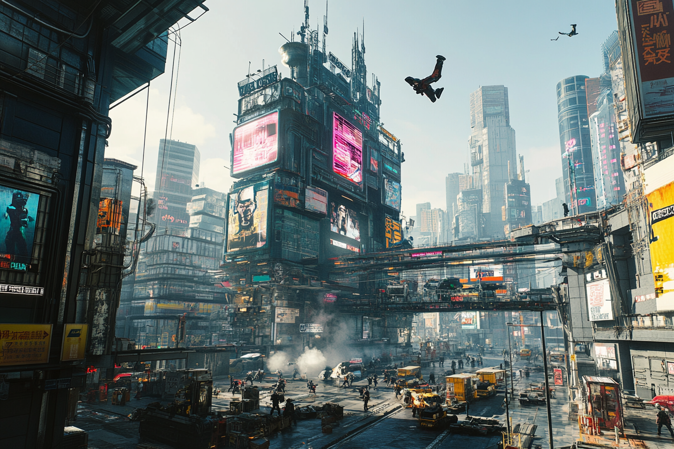 Cyberpunk city gunfight scene