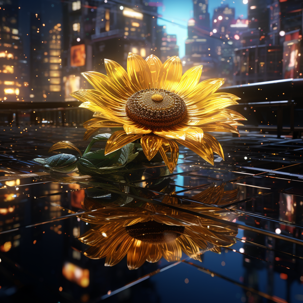 Close-up View of a Sunflower on Cyberpunk Japan City Street