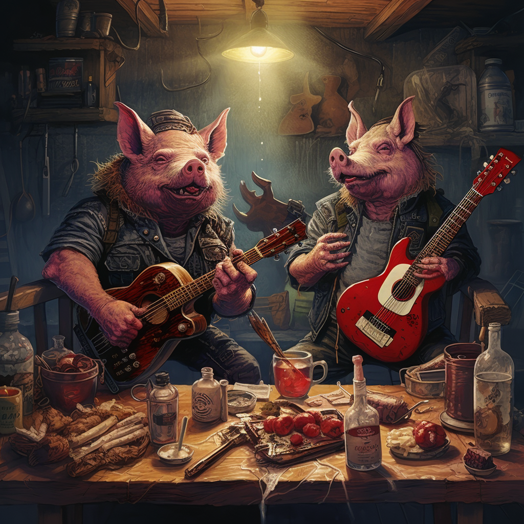 Two giggling cyberpunk pigs rocking out with an electric guitar