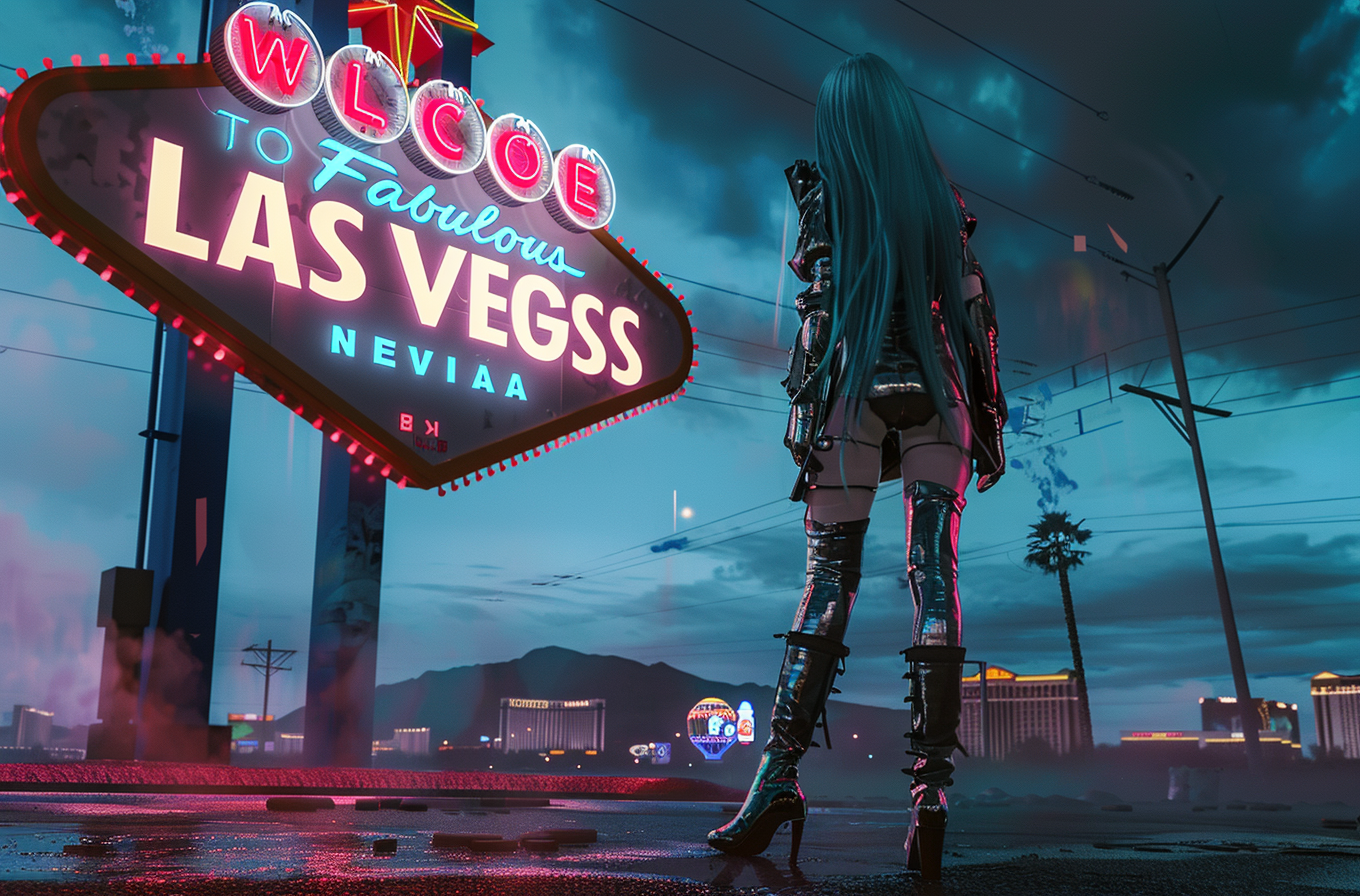 Cyberpunk girl with blue hair in boots