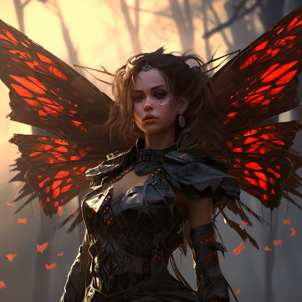 Beautiful girl with cyberpunk arms and butterfly wings