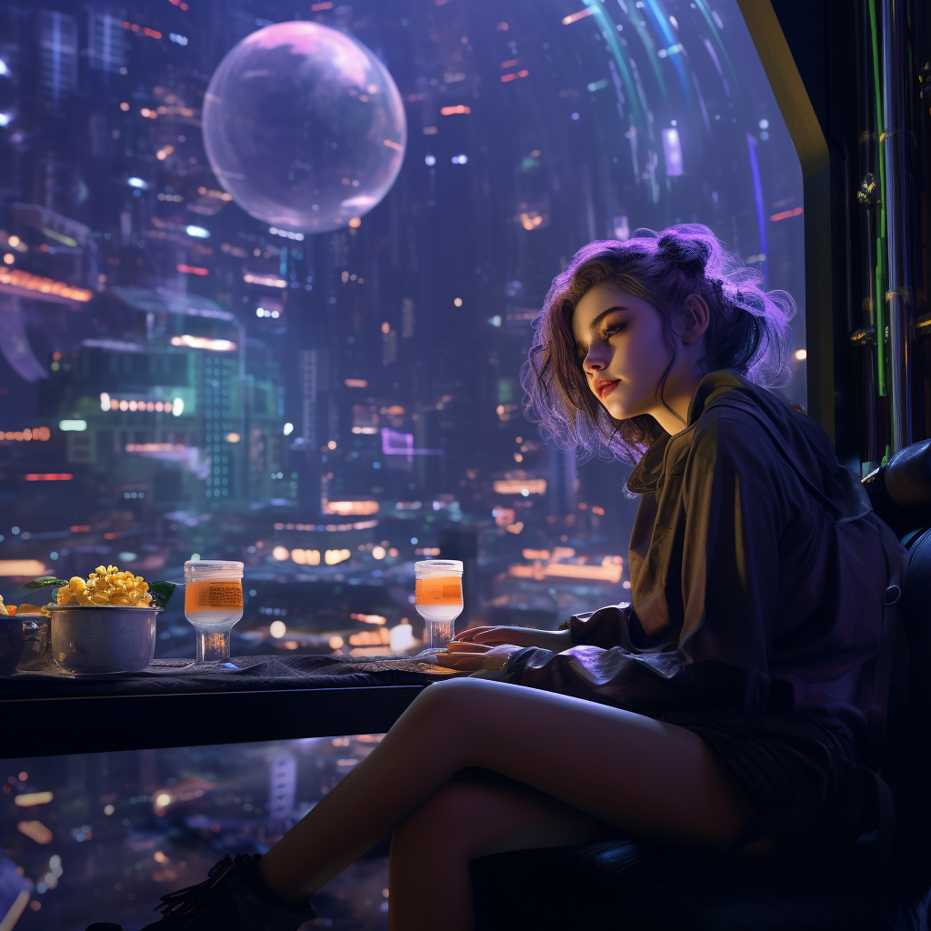 Cyberpunk girl eating eggplant dinner dream