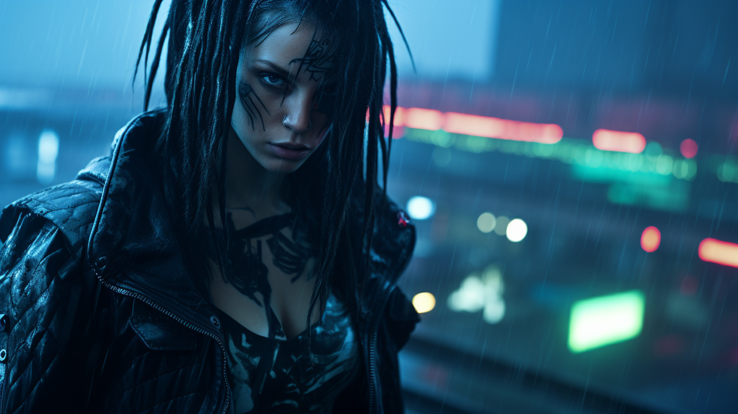 Dynamic street fashion pose in cyberpunk grimdark scene