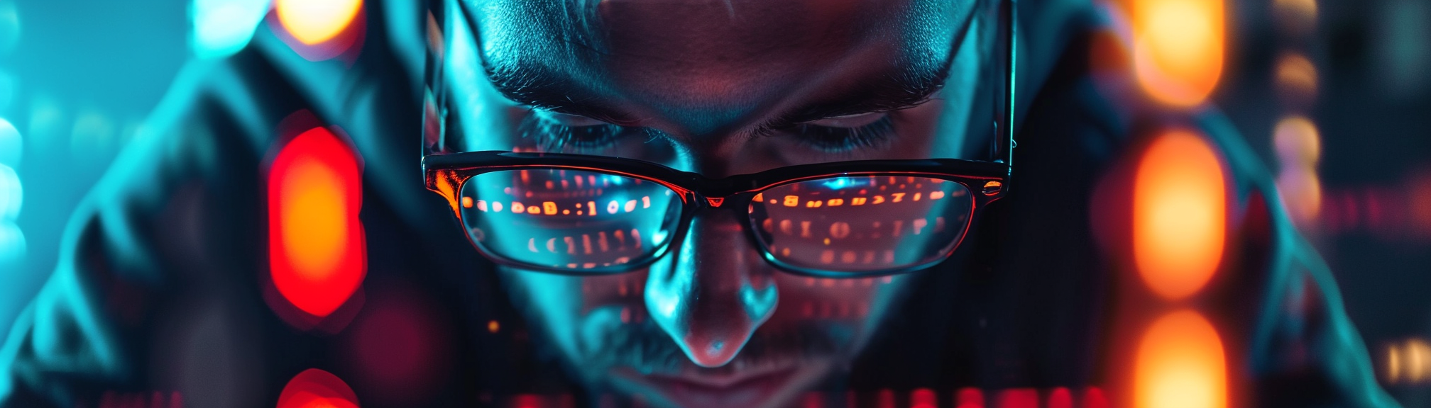 Cyberpunk hacker in tight space typing