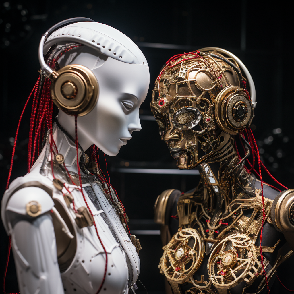 Two cyberpunk mannequins wearing gold jewellery and headphones