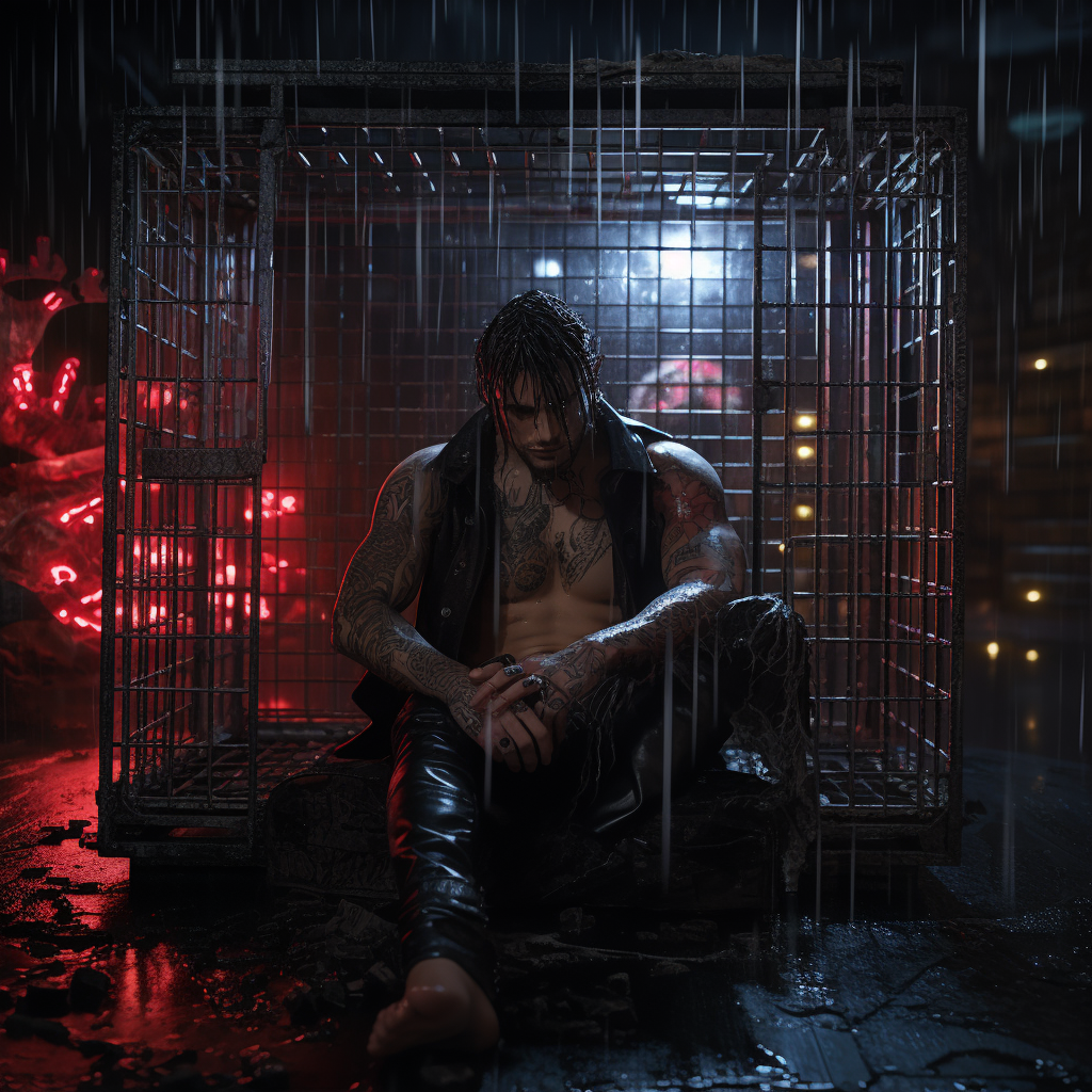 Cyberpunk homeless hacker in a cage