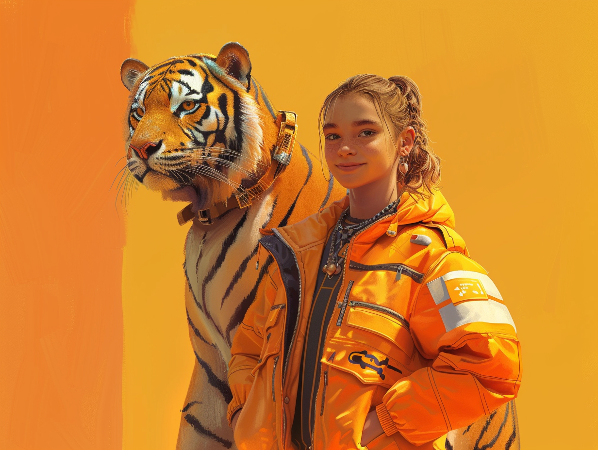 Cyberpunk teenage girl with wise tiger companion