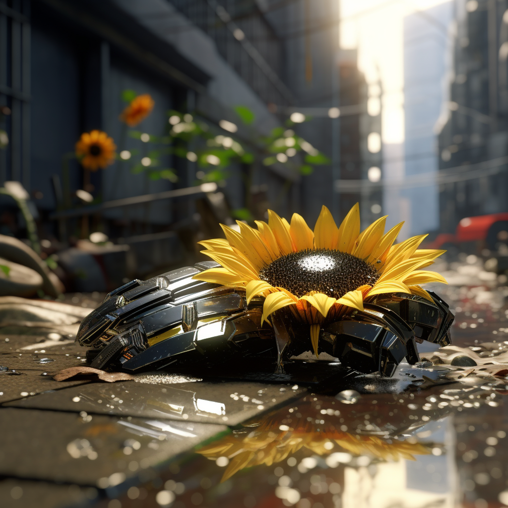 Close-up of Ultrarealistic Cyberpunk Japan Sunflower