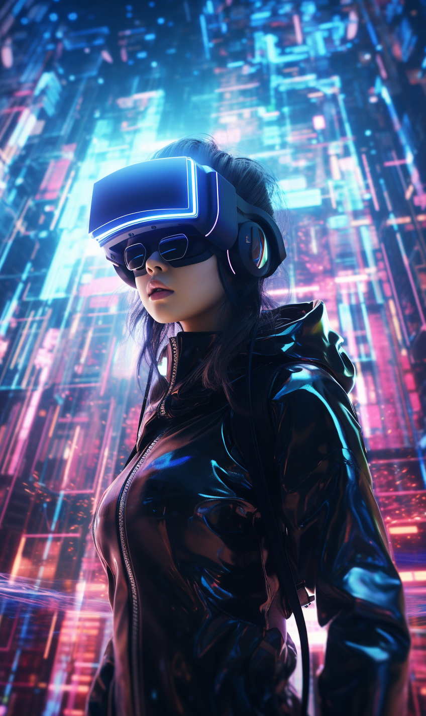 Japanese girl cyberpunk hacker in virtual reality