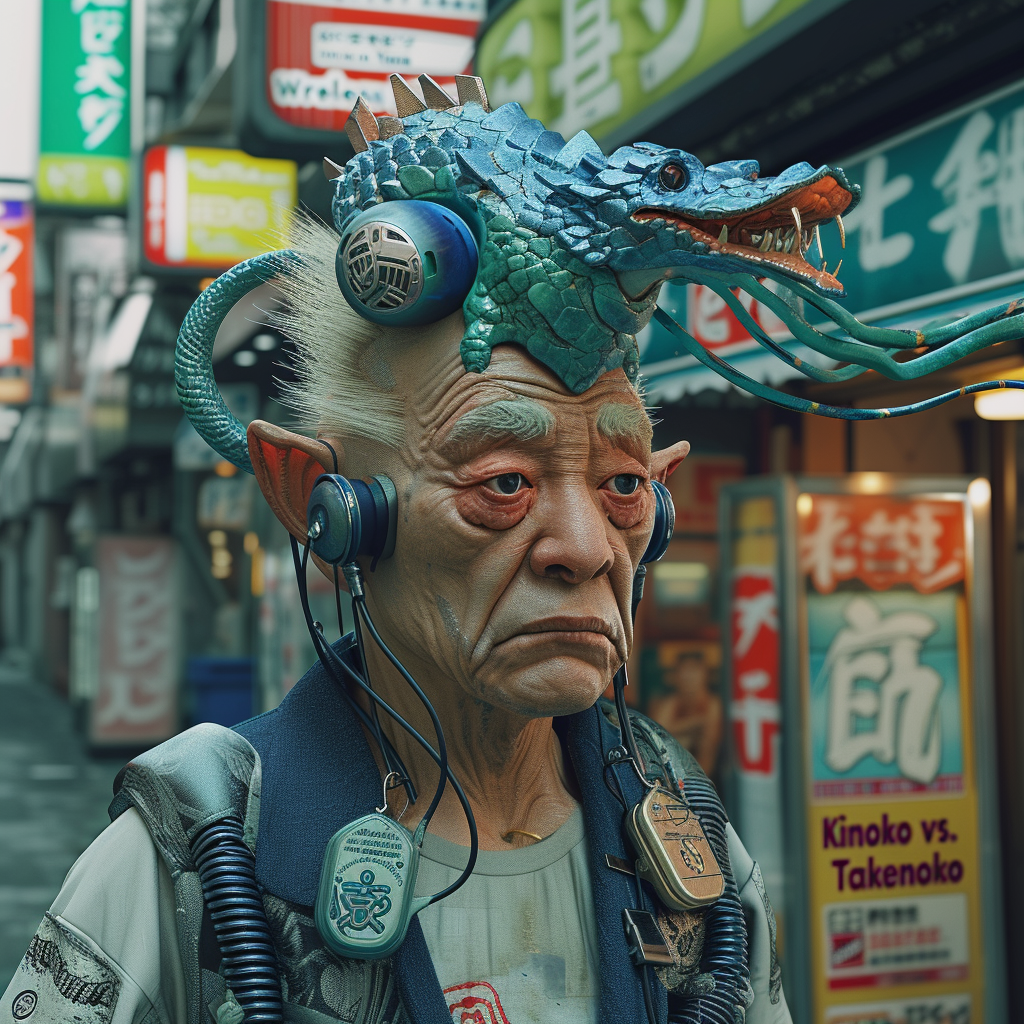 Cyberpunk Japanese man in dystopian metropolis