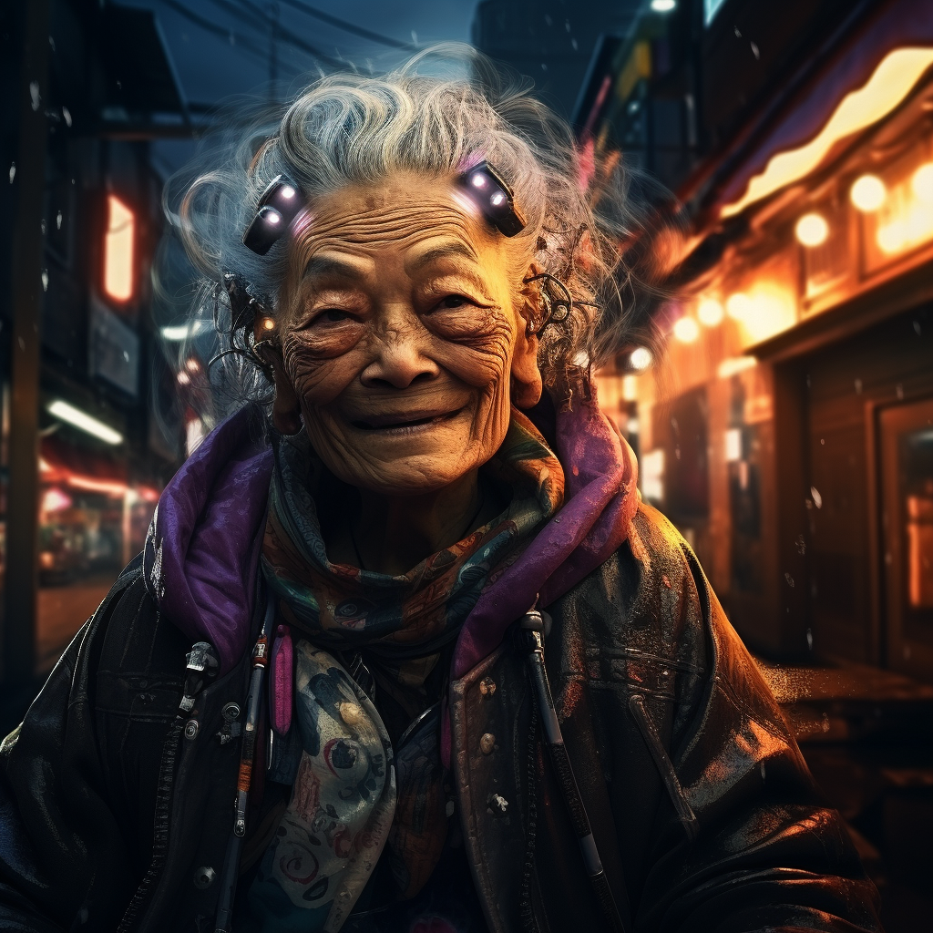 Smiling Cyberpunk Japanese Old Woman at Night