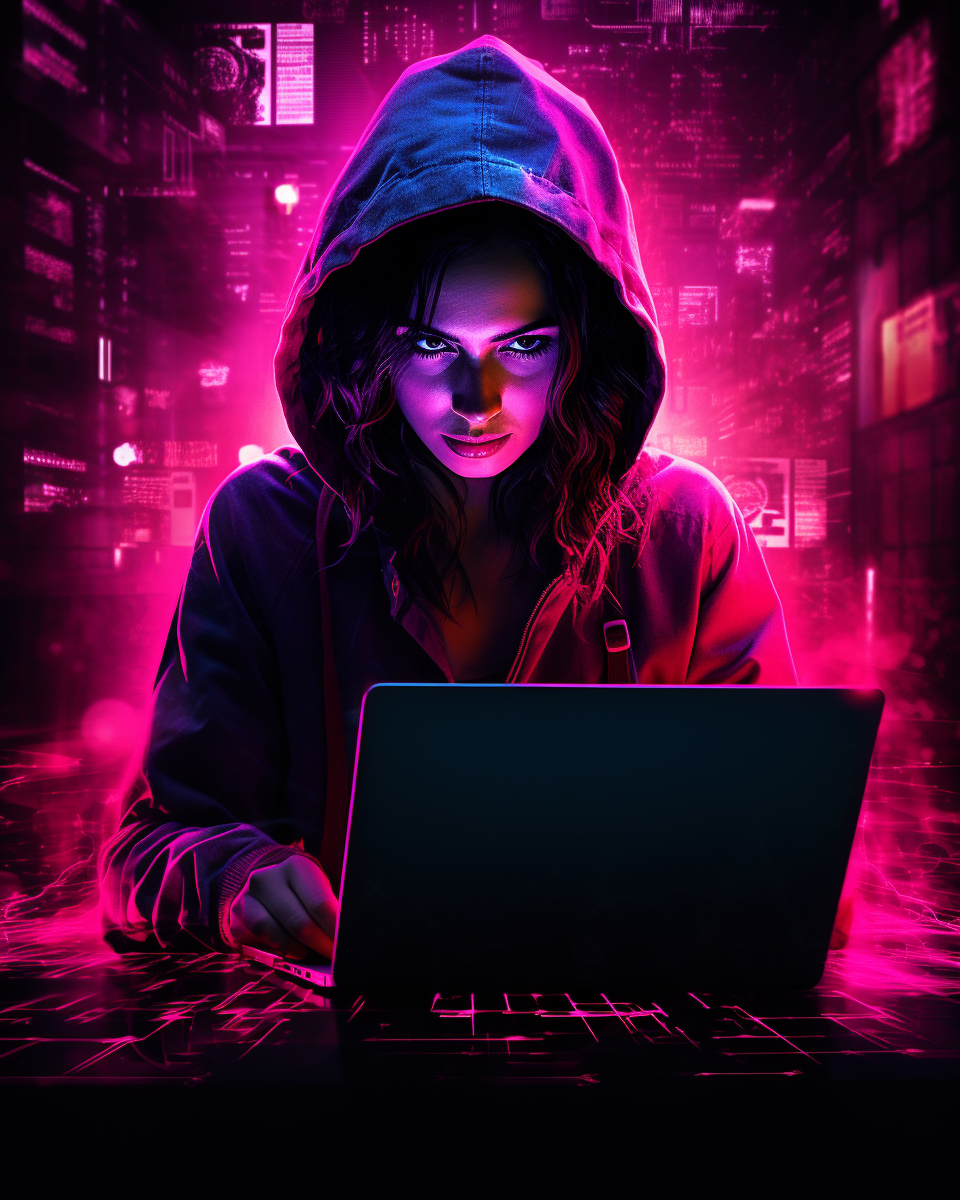 Neon cyberpunk laptop hologram of a female silhouette