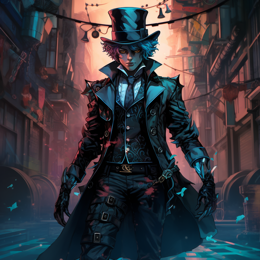 Full body view of Cyberpunk Mad Hatter