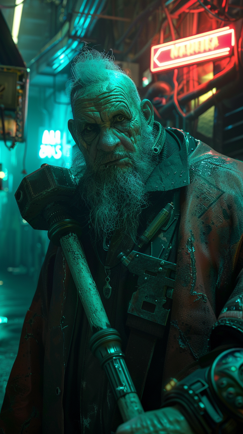 old man cyberpunk hammer glare