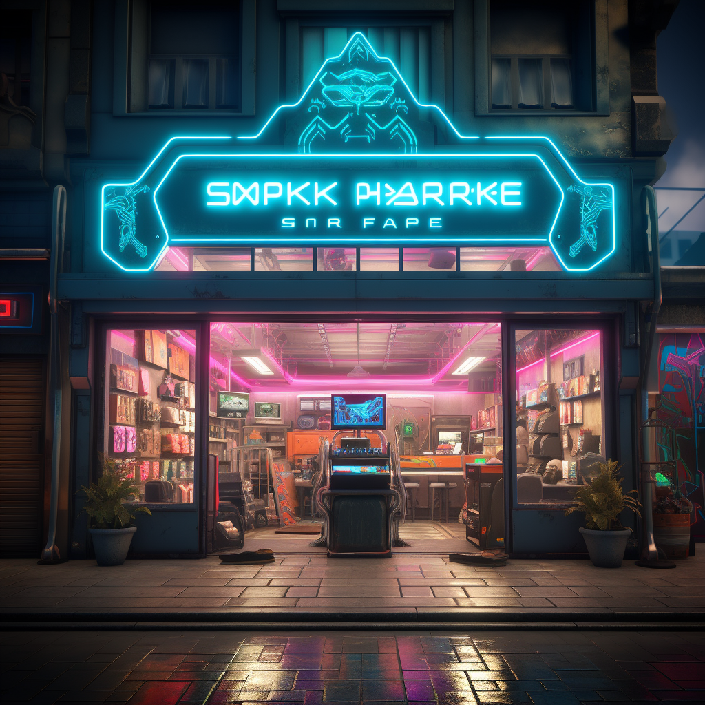 Cyberpunk marketplace with vibrant neon lights