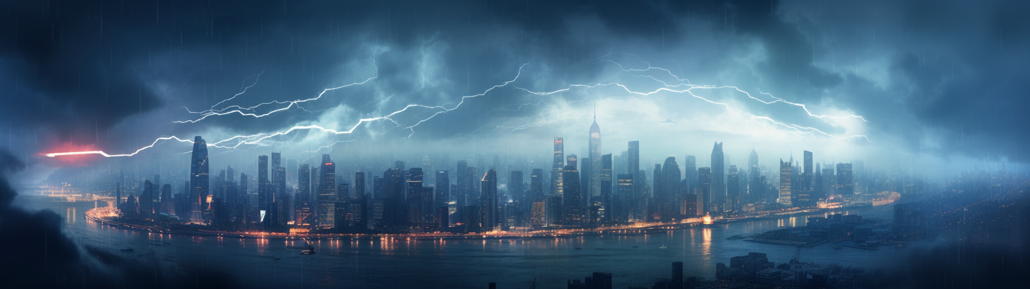 Panoramic view of cyberpunk megacity during thunderstorm