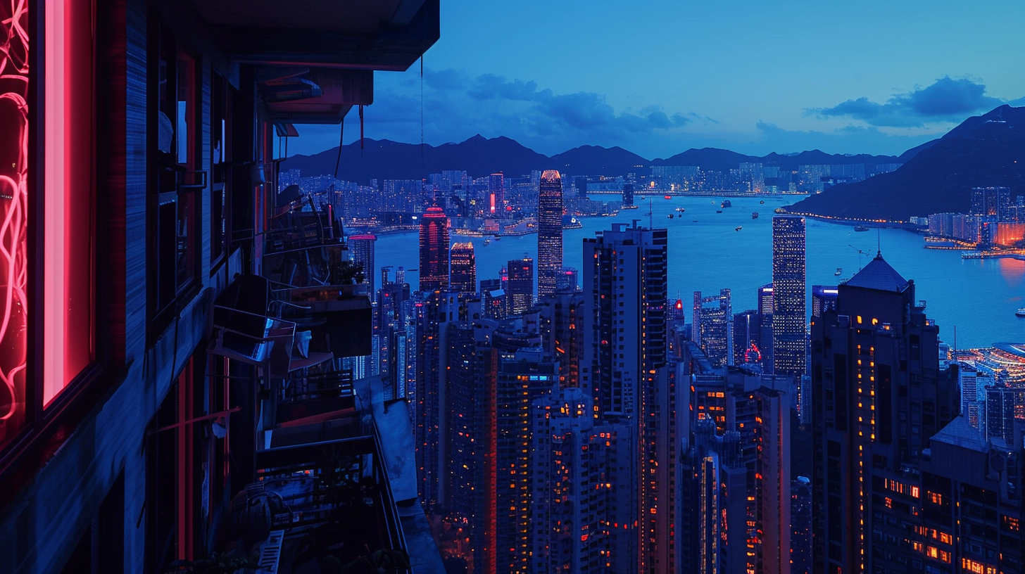 Cyberpunk Metropolis Dusk Mountain Ocean View