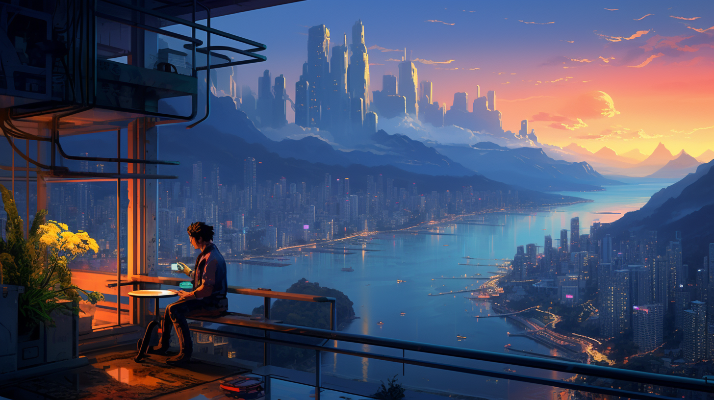 Cyberpunk Metropolis Dusk Balcony Mountains Ocean