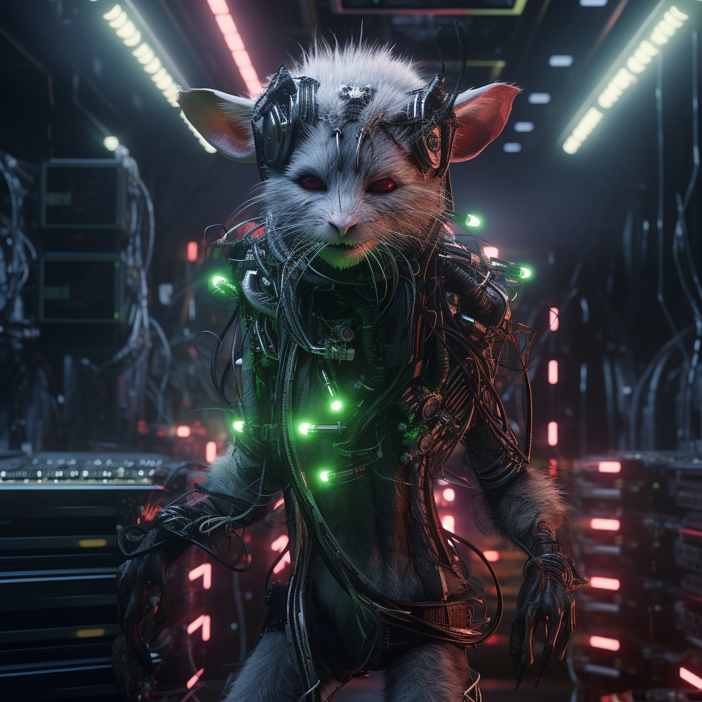 Cyberpunk mouse dressed as Grinch in data center