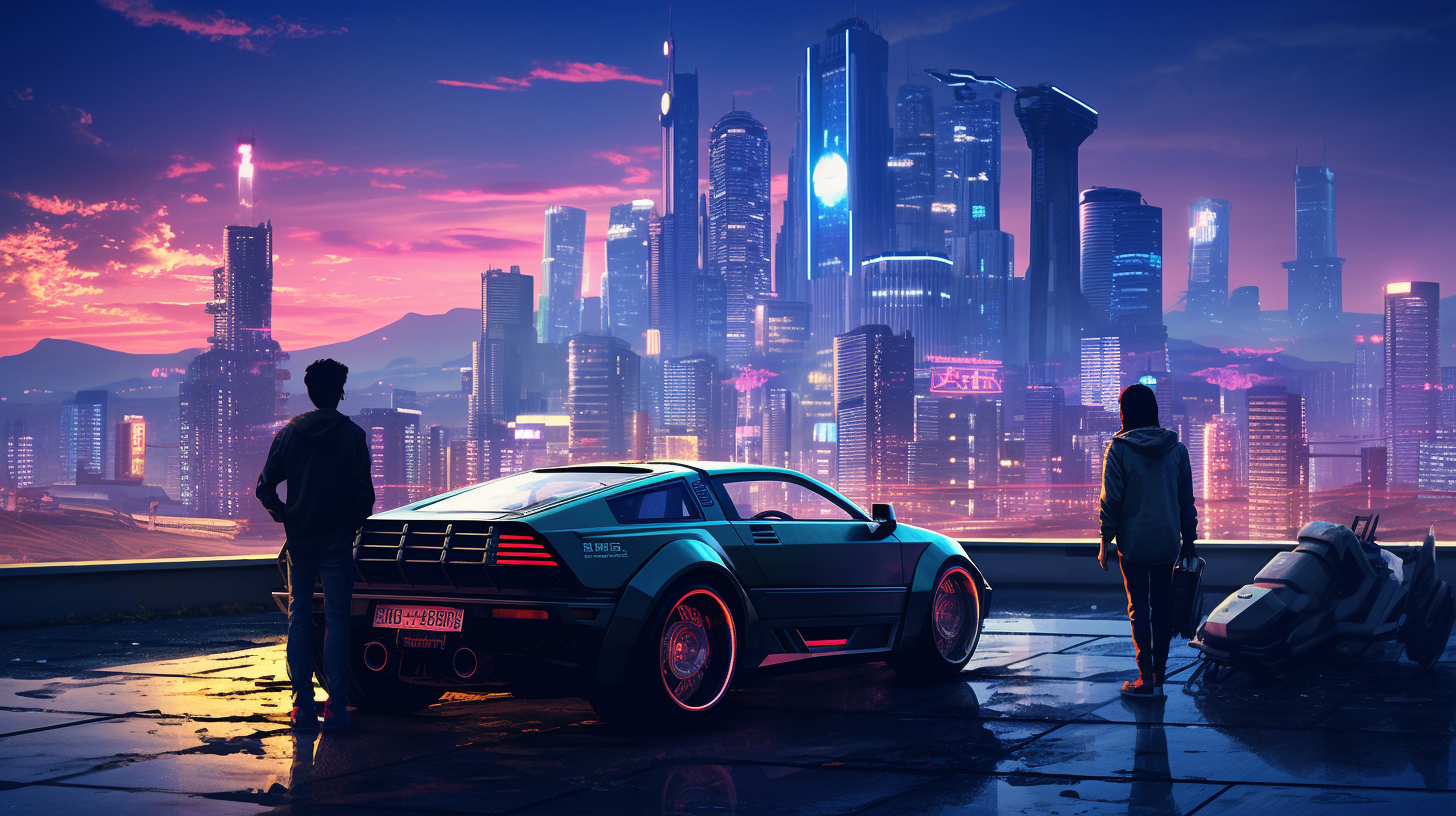 Cyberpunk Movie Night City with Men and Delorean Car