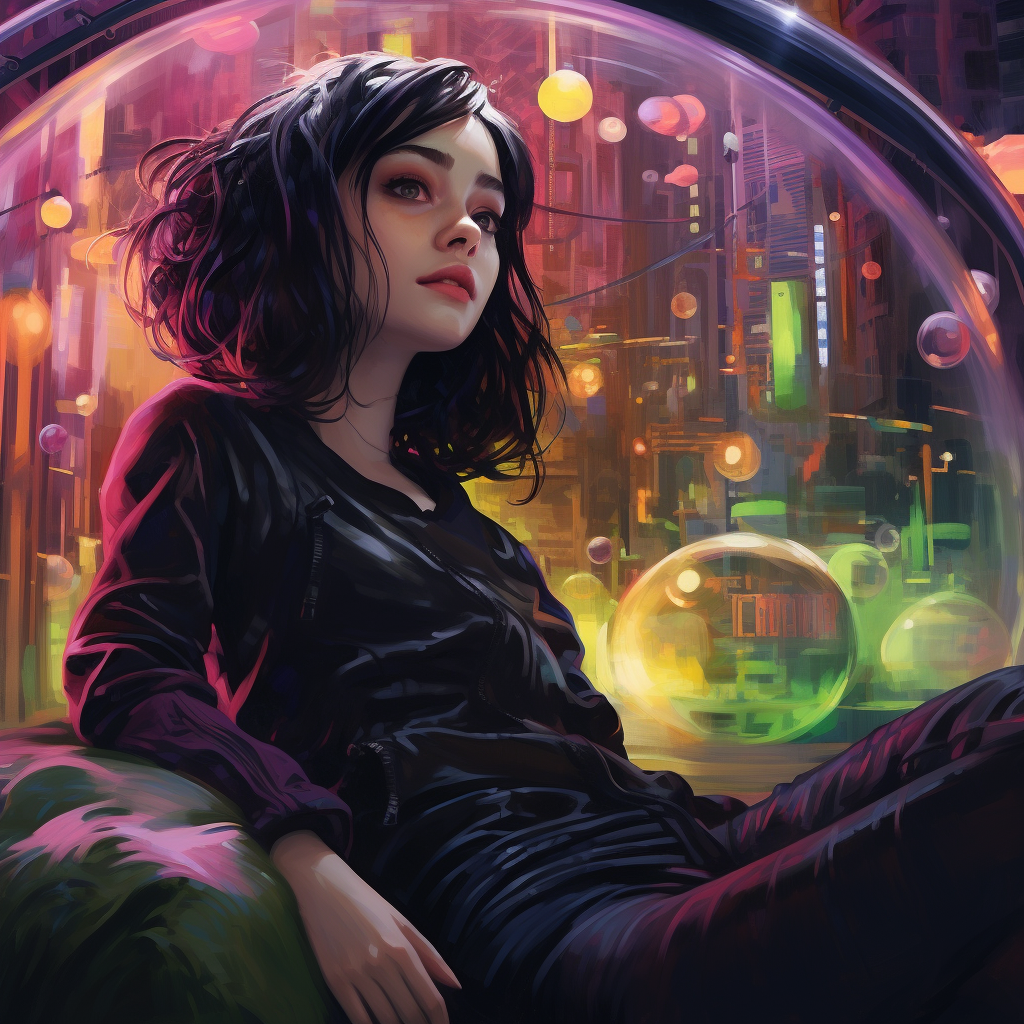 Cyberpunk girl dreaming of eggplant in neon city