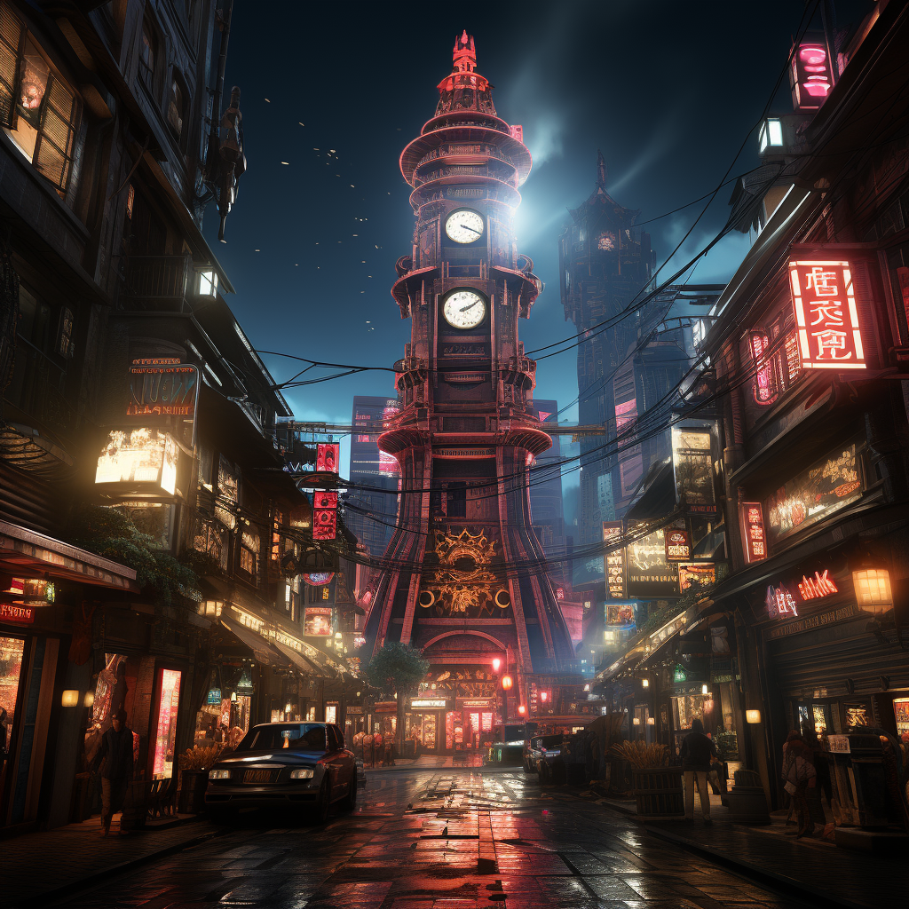 Neon clock tower in cyberpunk city