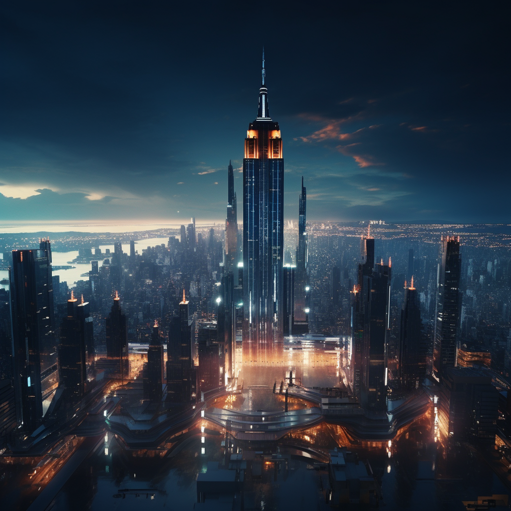 Aerial view of futuristic Cyberpunk New York City