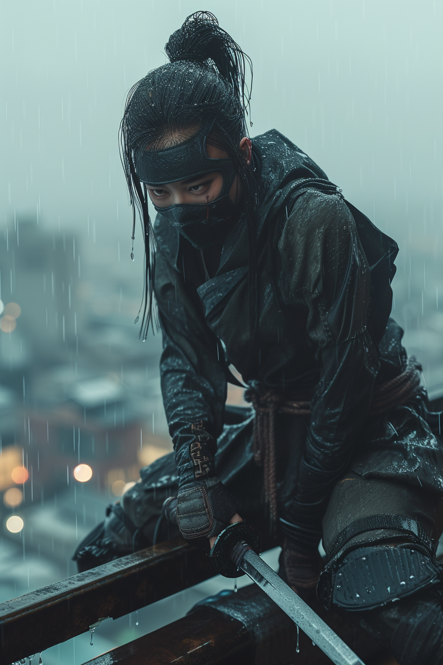 Cyberpunk Ninja Girl in Rain