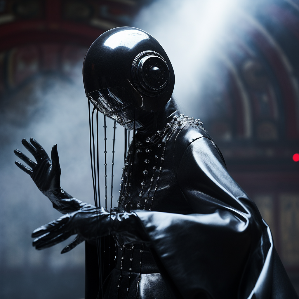 Cyberpunk nun dancing in rubber suit