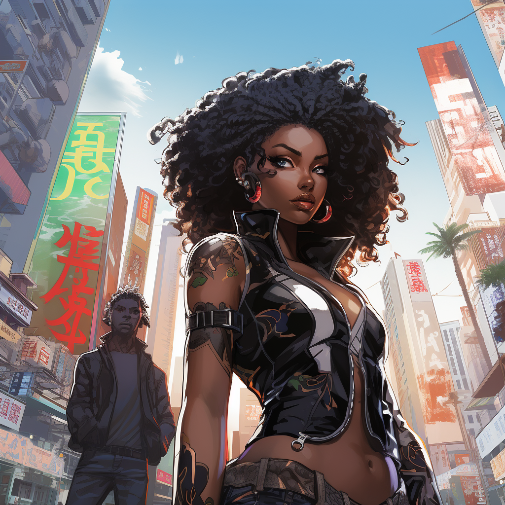 Cyberpunk anime illustration of a half Japanese and half black woman with curly hair