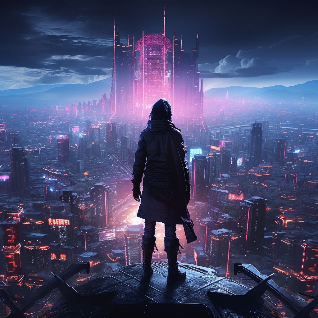 Cyberpunk samurai overlooking the city