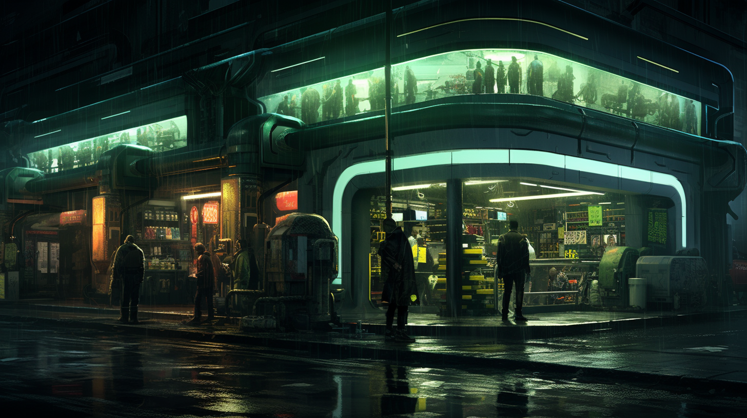 Concept art of small shop in cyberpunk city