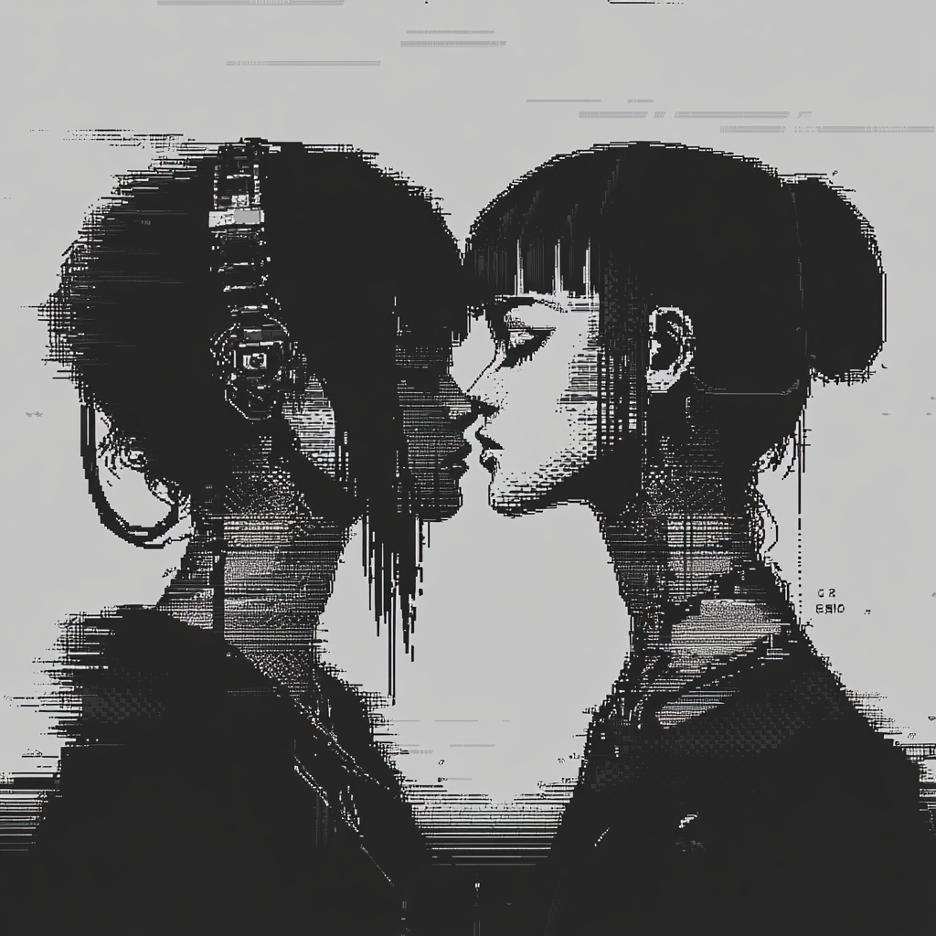 Two Androgynous Silhouettes Cyberpunk Scene