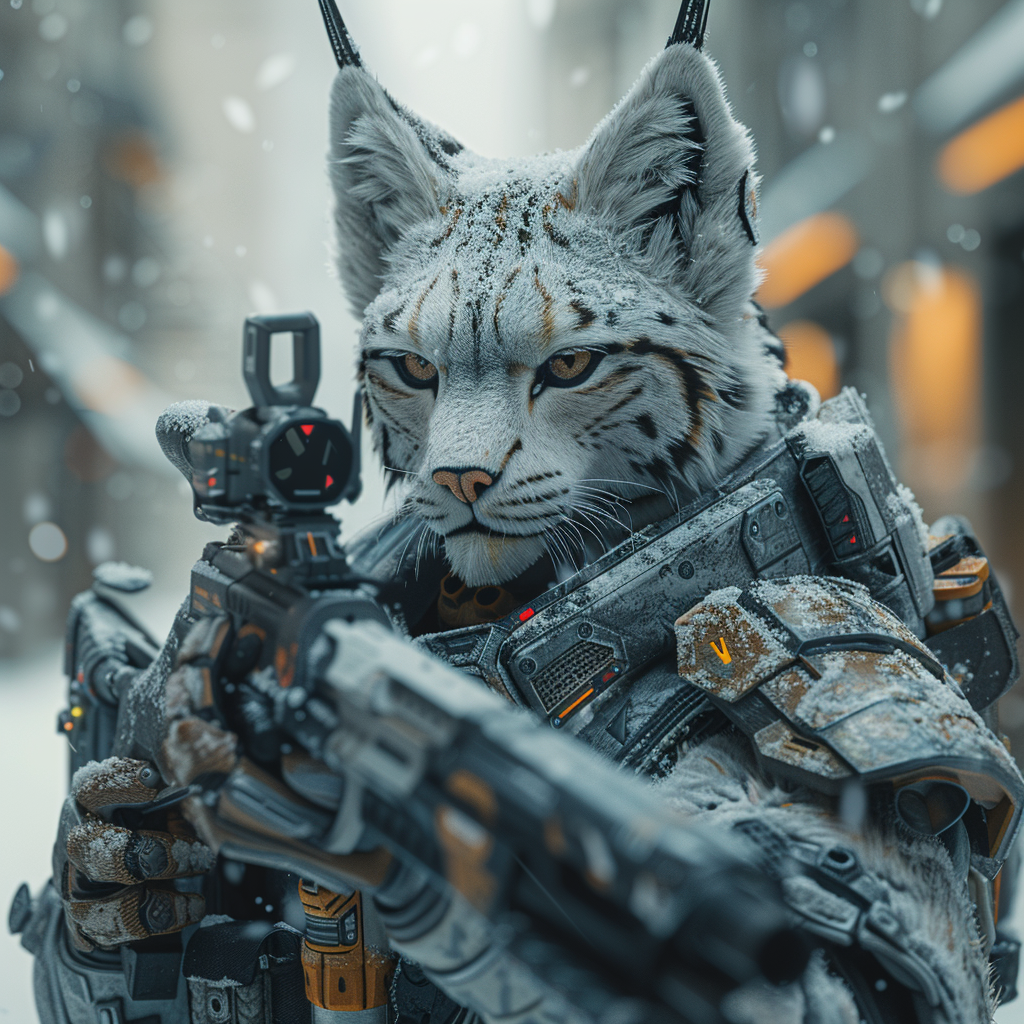 Snow lynx in cyberpunk armor