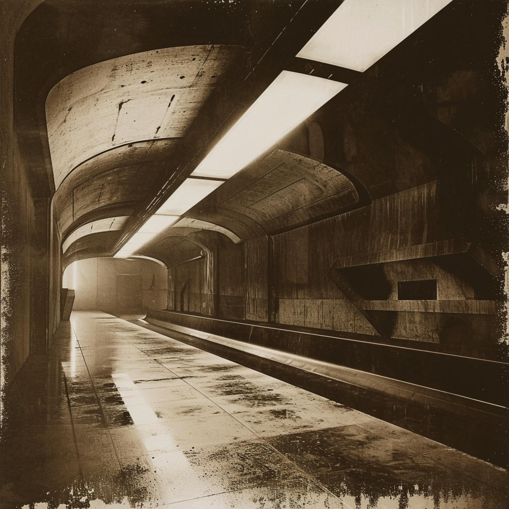 Cyberpunk subway station in grainy sepia tones