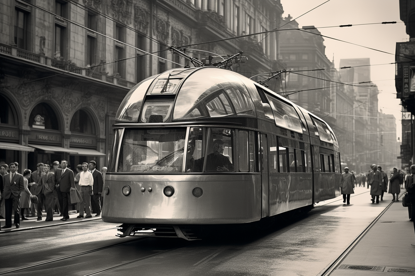 Vintage black and white photo of a cyberpunk tram on a square