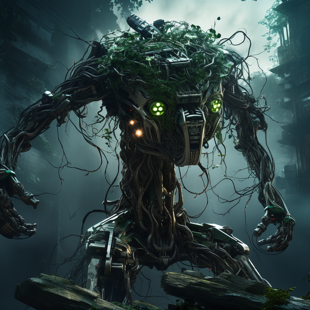 Futuristic cyberpunk tree robot  (5 words)