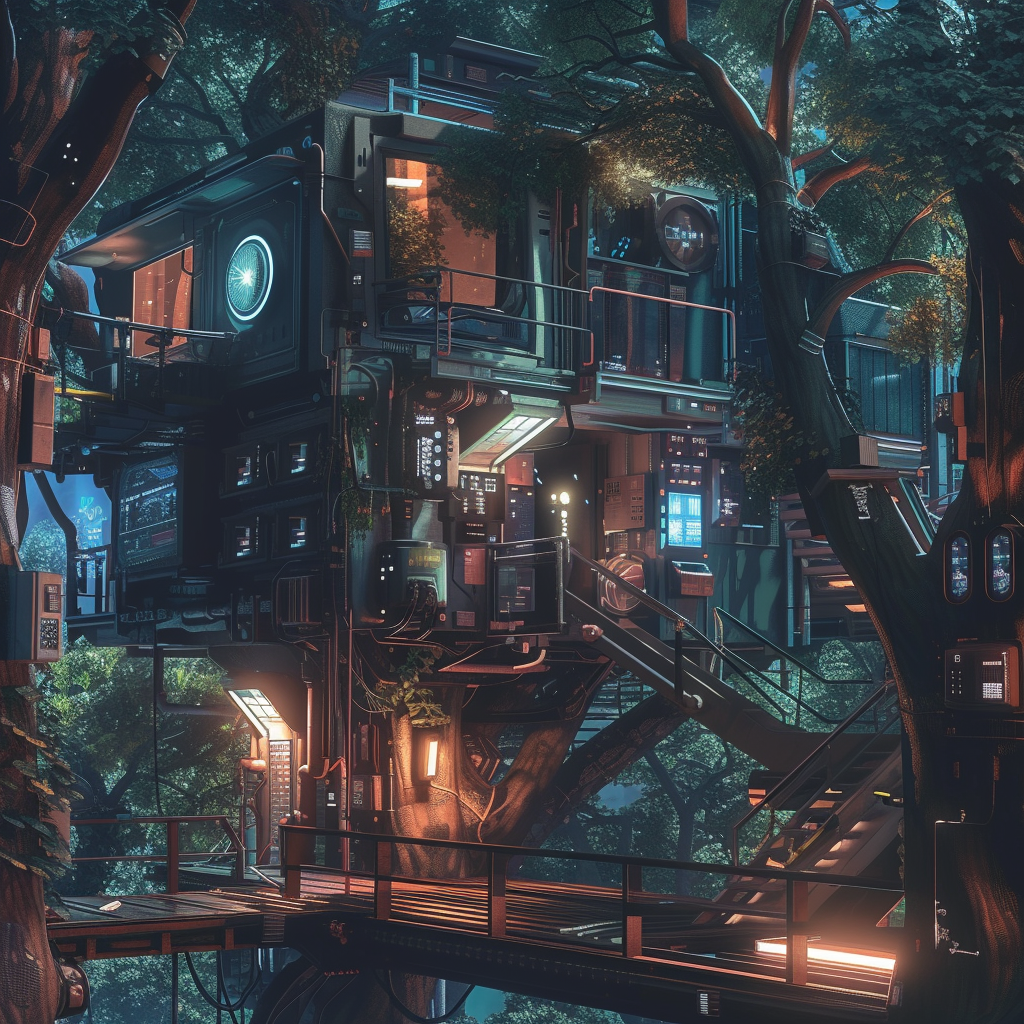 Cyberpunk treehouse in forest at night